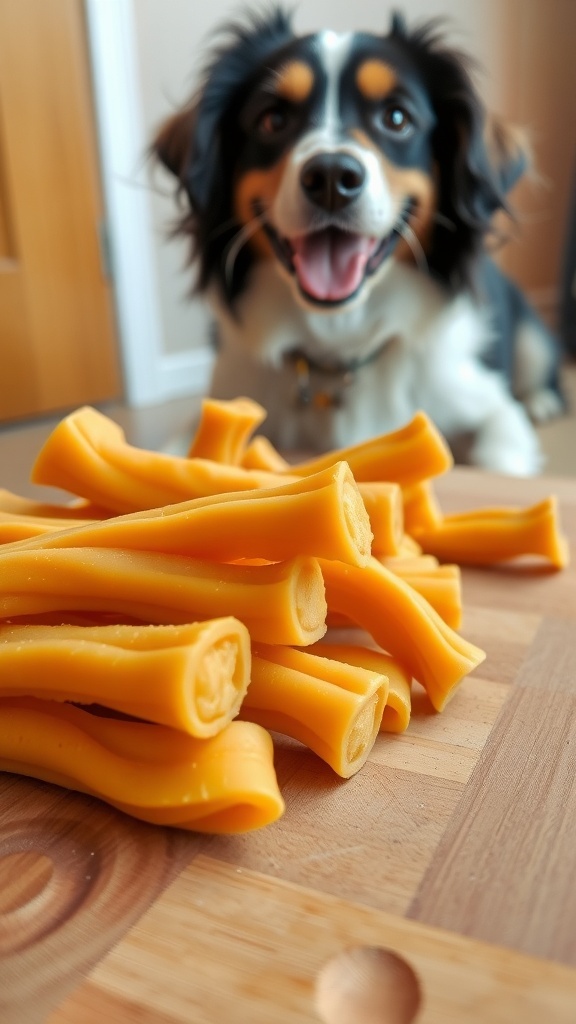 Microwave Yak Chew Recipe Freshly made yak chews on a cutting board with a dog waiting in the background.